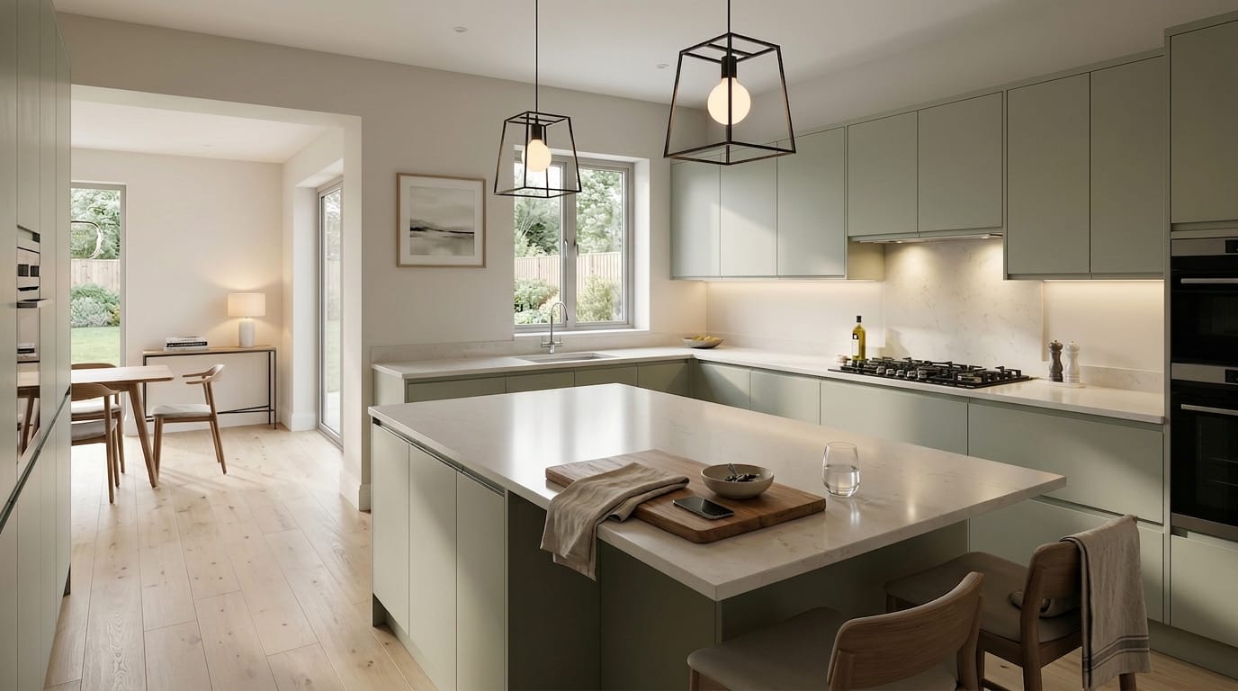 hero_1200x675-455 pale green kitchen with marble worktops and geometric pendant lights