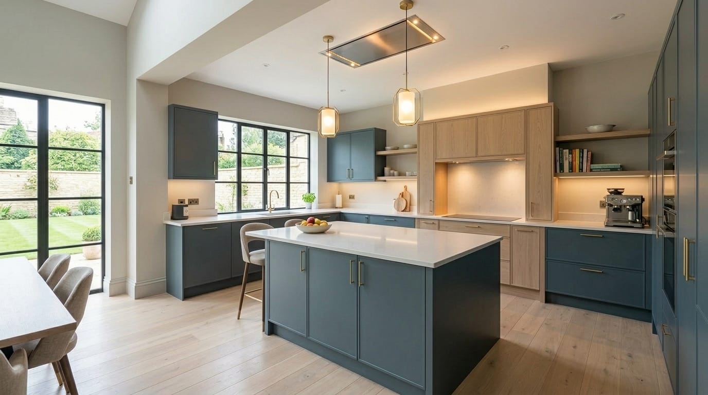 hero_1200x675-456 Wide view of a newly completed bespoke Mastercraft kitchen in a Market Deeping home, matt painted handleless slab cabinetry in cashmere tones