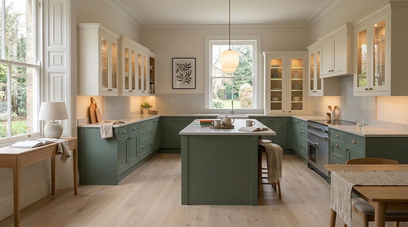 sage green and cream kitchen with island, light wood floor, glass-fronted cupboards