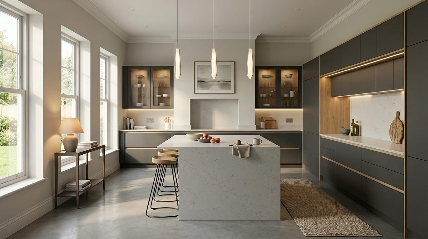 modern kitchen with grey cabinets, marble island and pendant lights