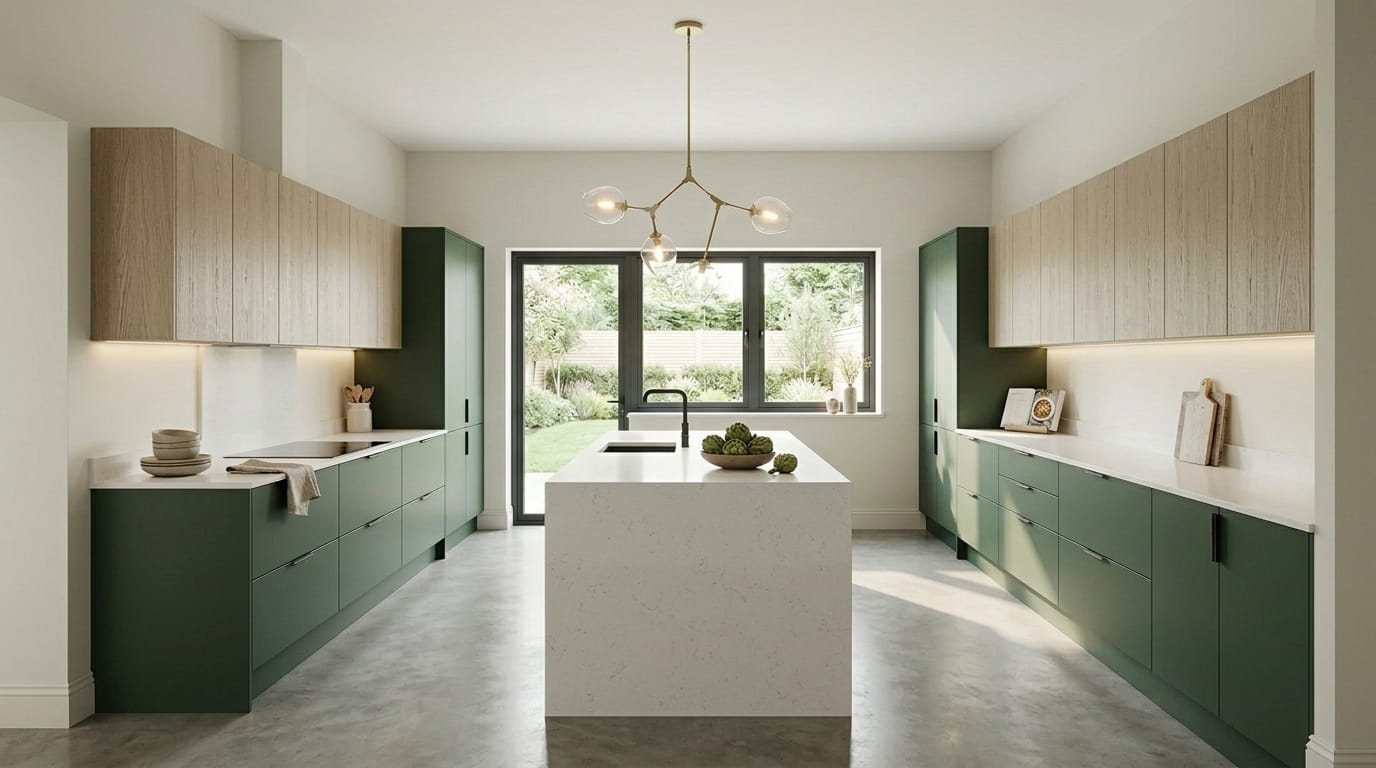 green and wood kitchen units with white island and modern pendant light