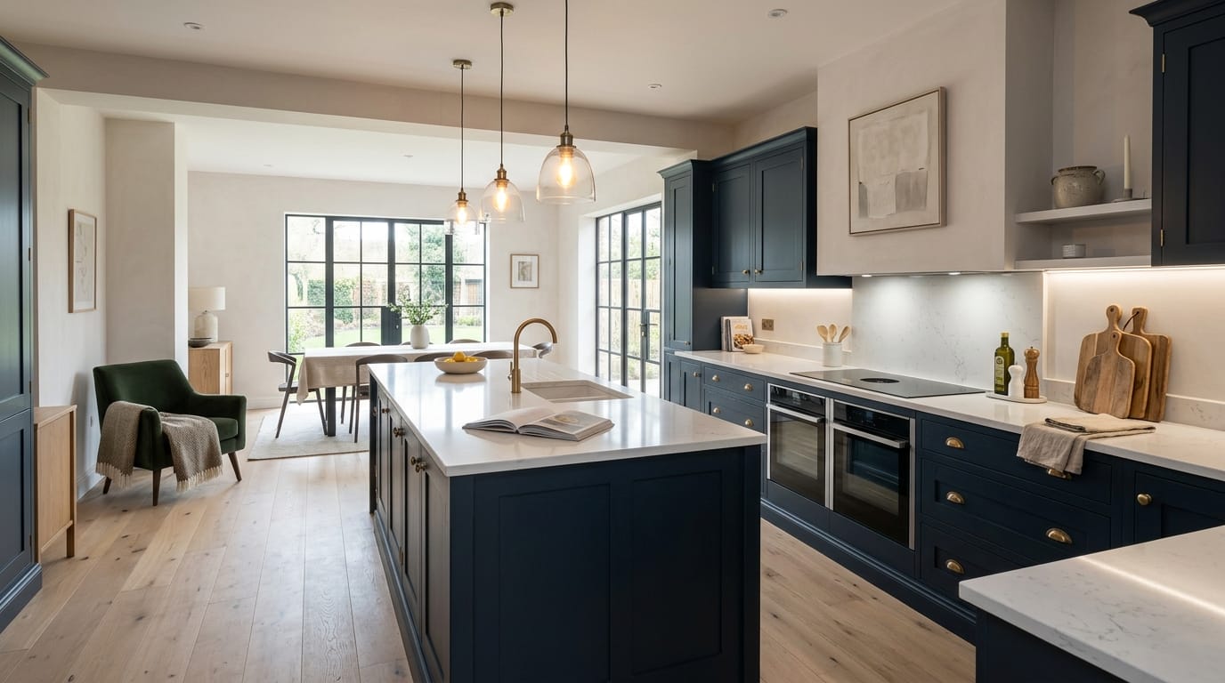 Wide view of a newly completed bespoke Mastercraft kitchen, modern shaker cabinetry in graphite tones