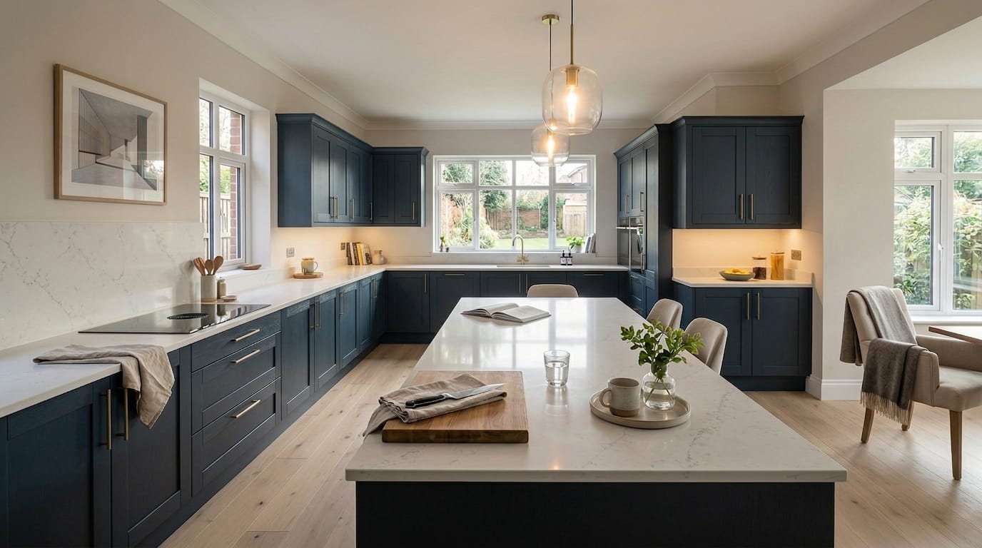 hero_1200x675-460 Wide view of a bespoke Mastercraft kitchen, modern shaker cabinetry in viridian tones