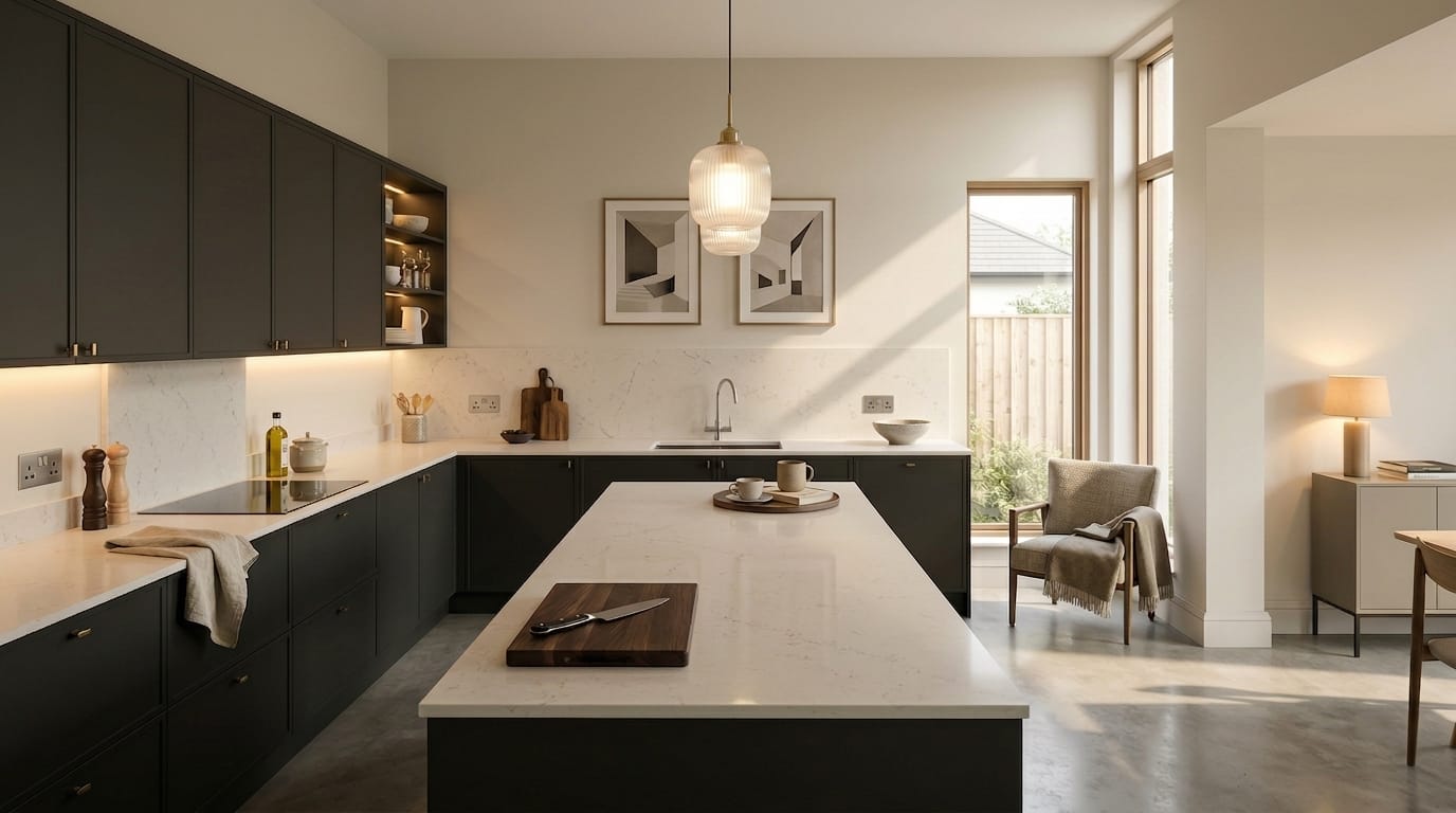 matte dark green cabinets with white marble worktops and pendant light