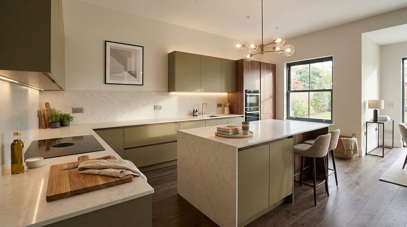 Wide view of a newly completed bespoke Mastercraft kitchen in a Aberdare home, timber veneer slab-door cabinetry in indigo tones