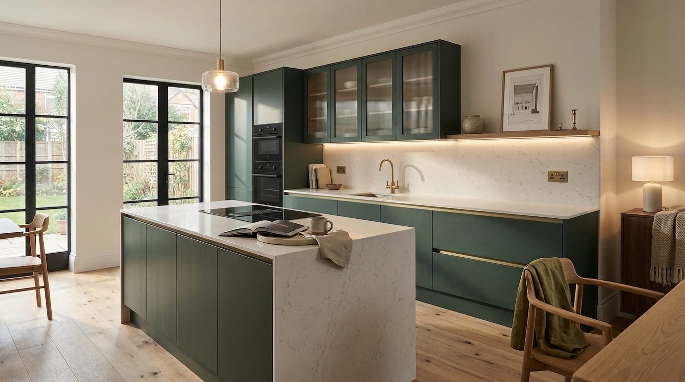 hero_1200x675-463 green kitchen units with white marble worktops and glass fronted wall cupboards