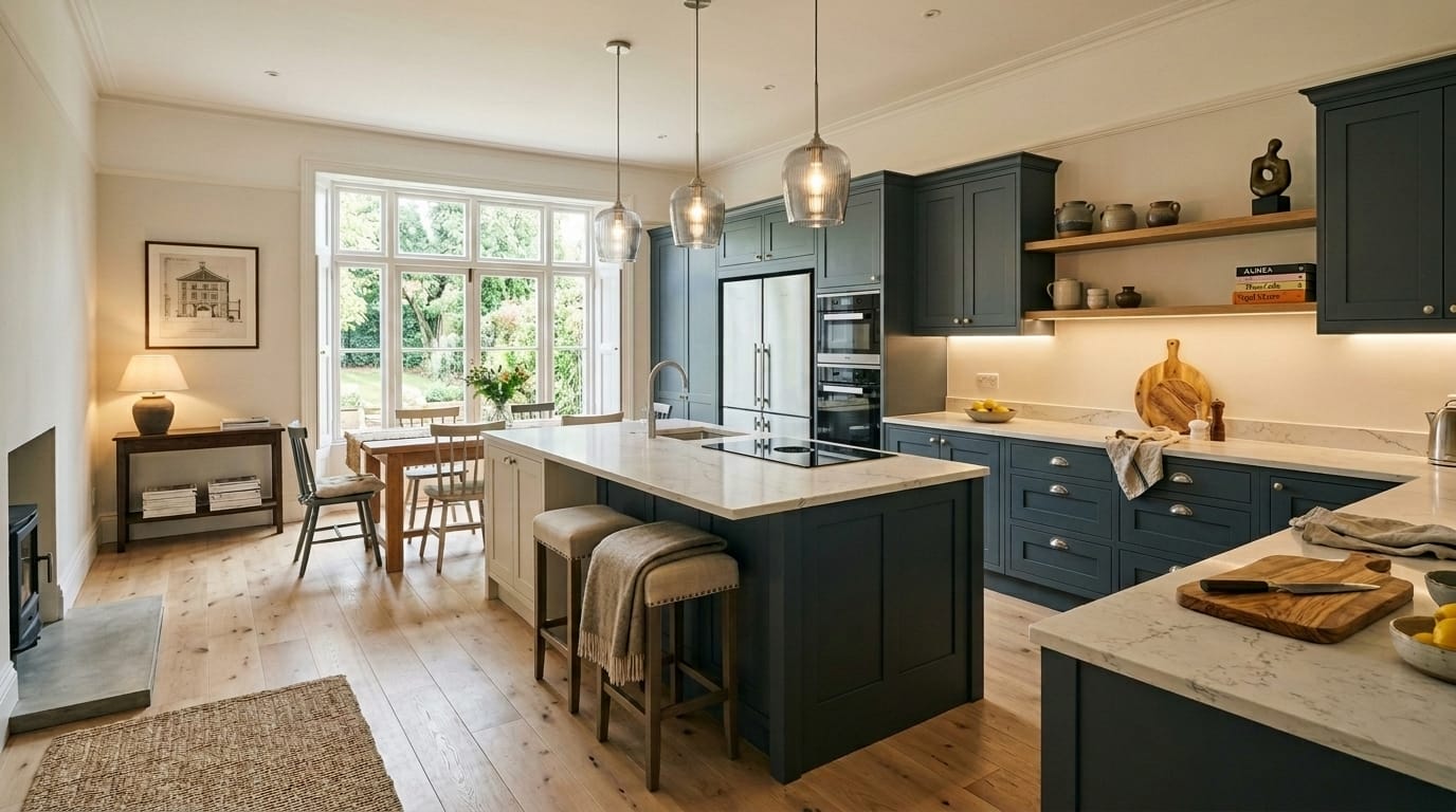 Navy blue Mastercraft kitchen with marble worktops and pendant lighting