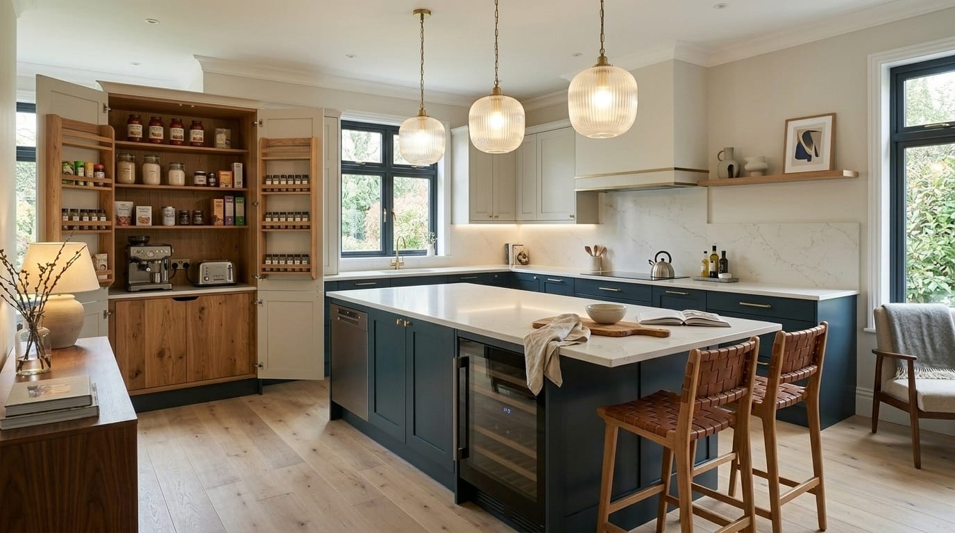 Wide view of a newly completed bespoke Mastercraft kitchen in a Adlington home, matt painted handleless slab cabinetry in reed green tones