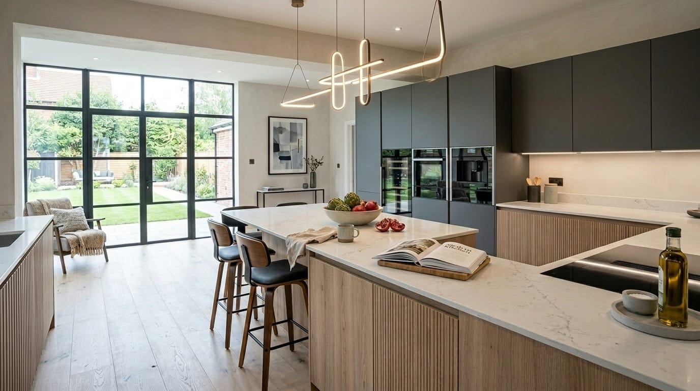 hero_1200x675-466 Modern kitchen with matt grey cabinets, marble worktops and sculptural pendant lighting