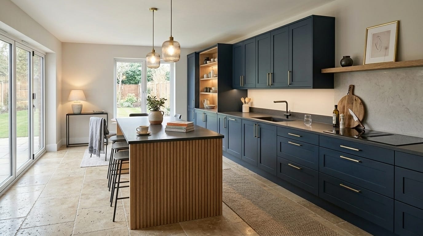 Wide view of a bespoke Mastercraft kitchen, contemporary in-frame cabinetry in dust grey tones