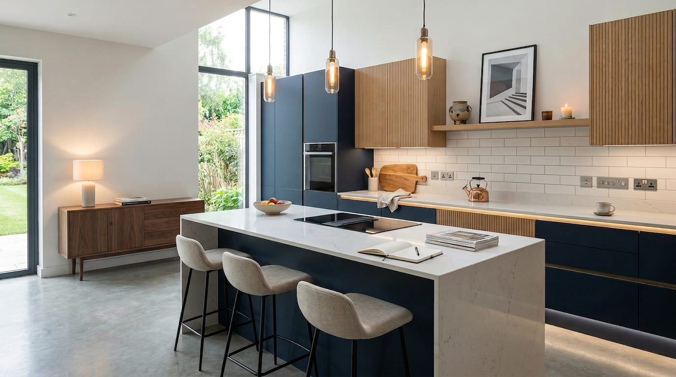 Modern Mastercraft kitchen with navy units, white island, pendant lights and wood accents