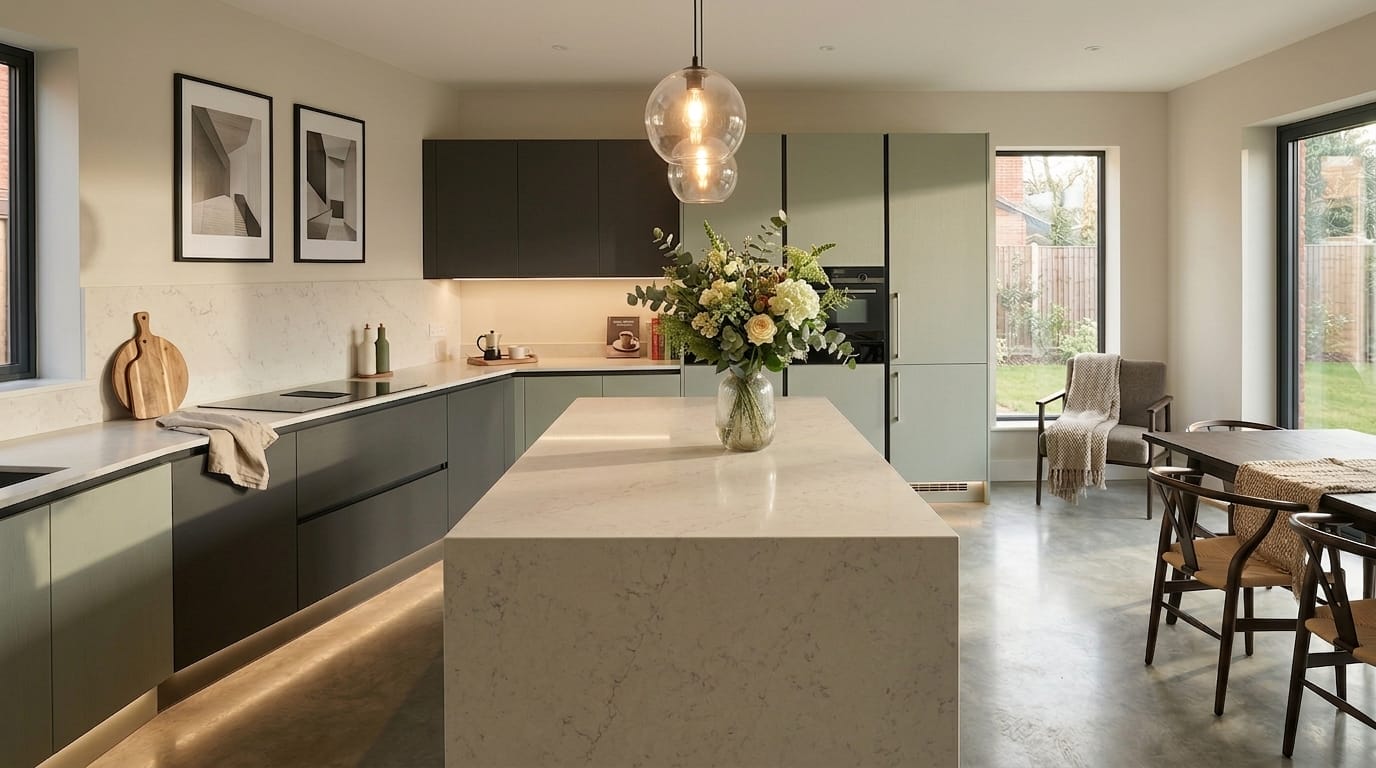 modern kitchen with marble island, green cabinets, large windows and geometric wall art