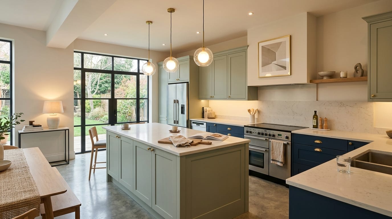 Wide view of a newly completed bespoke Mastercraft kitchen, modern shaker cabinetry in cashmere tones
