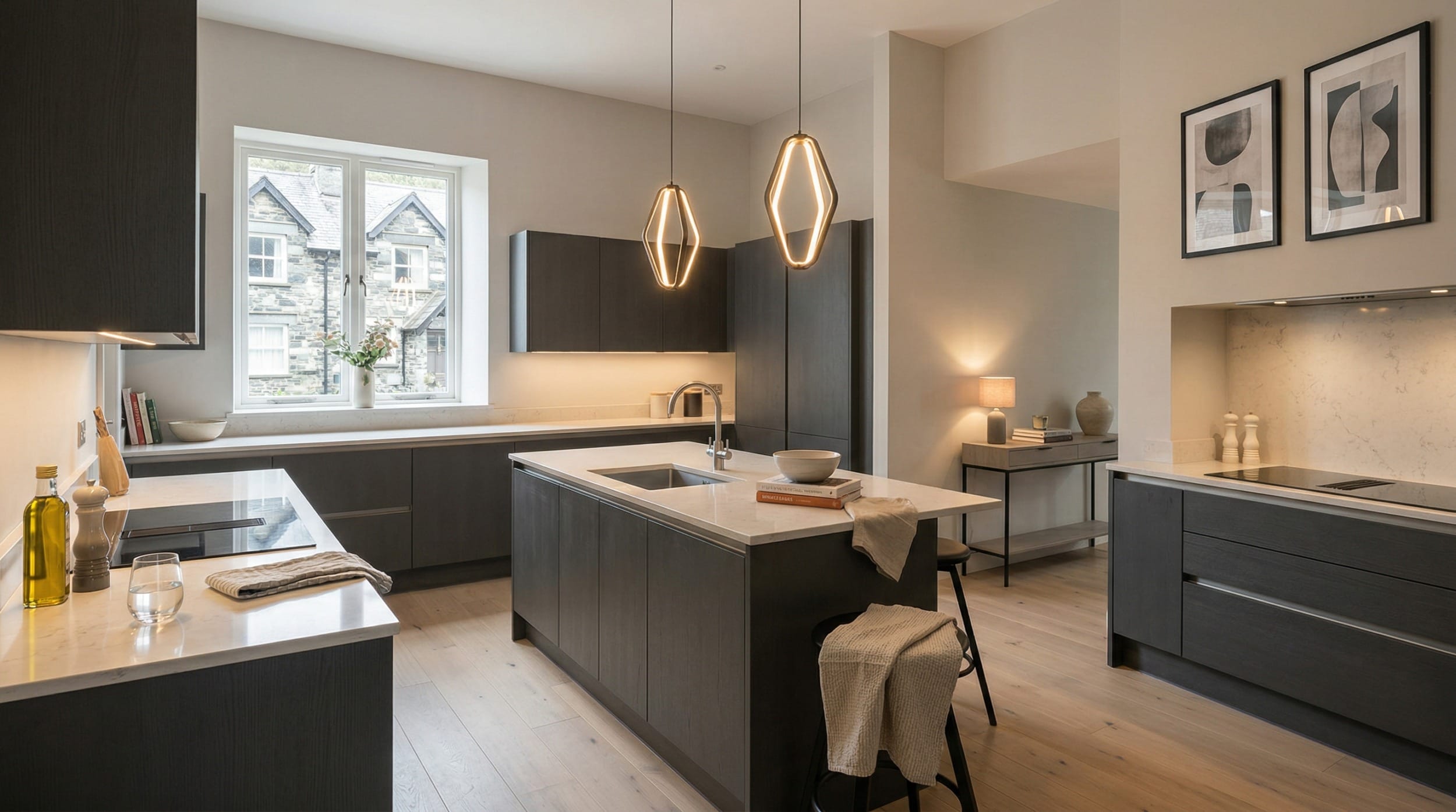 modern kitchen with dark wood units, white worktops, geometric pendant lights