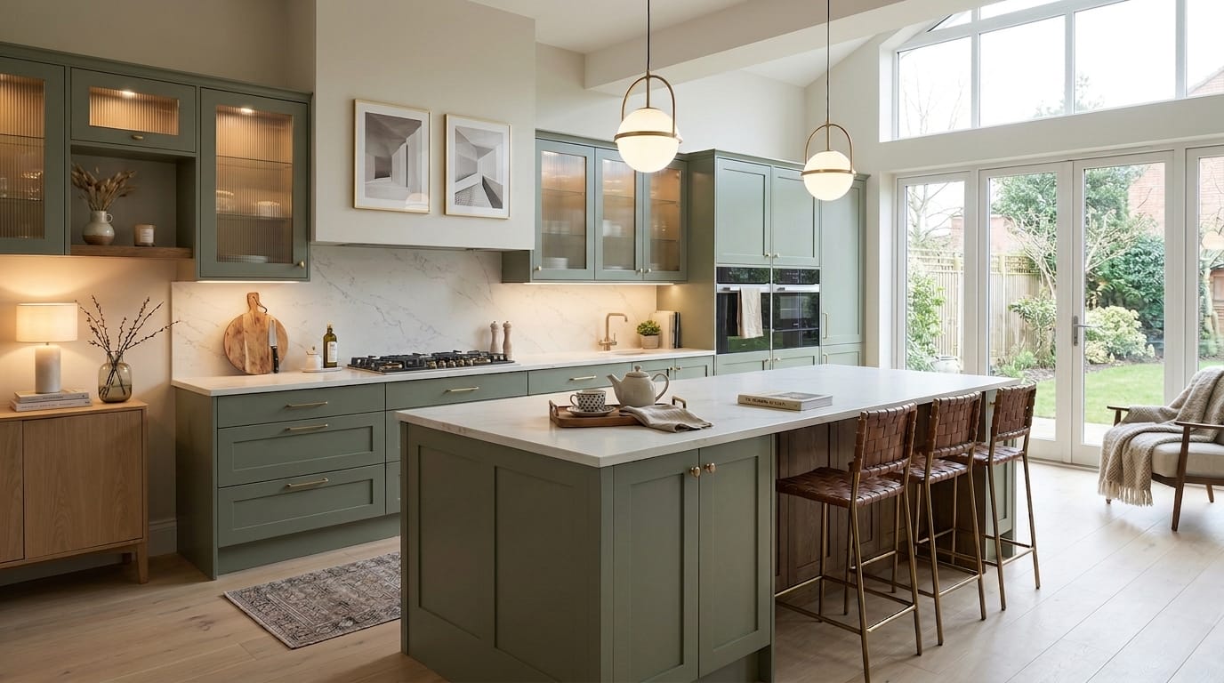 Wide view of a bespoke Mastercraft kitchen, contemporary painted lay-on cabinetry in slate blue tones