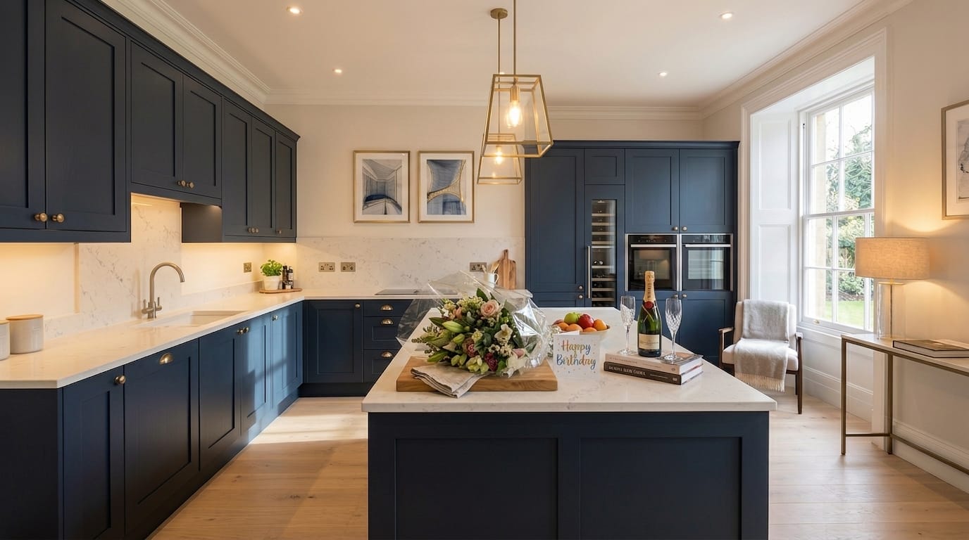 Navy blue shaker-style kitchen with marble worktops and gold pendant lighting