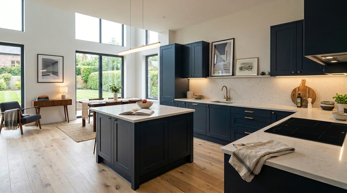 hero_1200x675-474 Modern kitchen with navy units, white worktops and large floor-to-ceiling windows