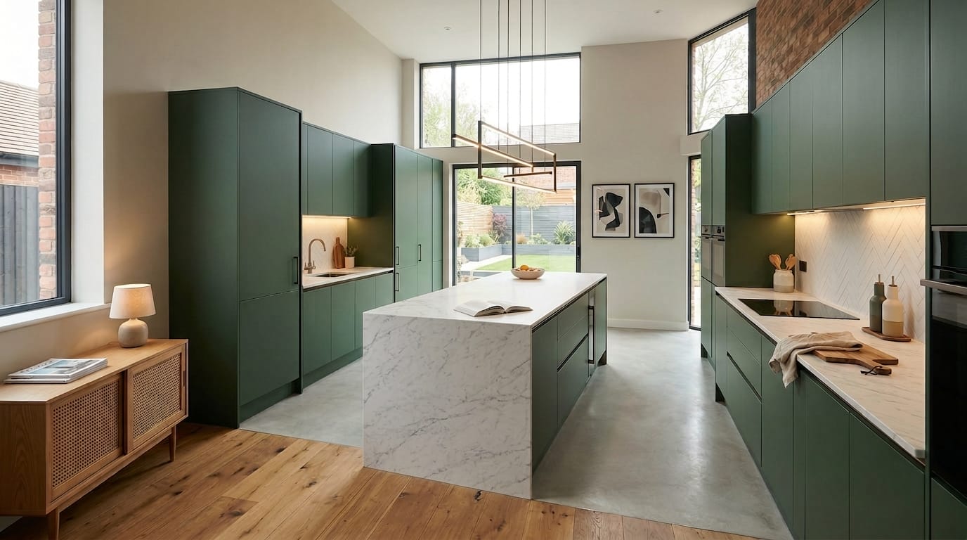hero_1200x675-475 Modern kitchen with green units, marble island and large windows