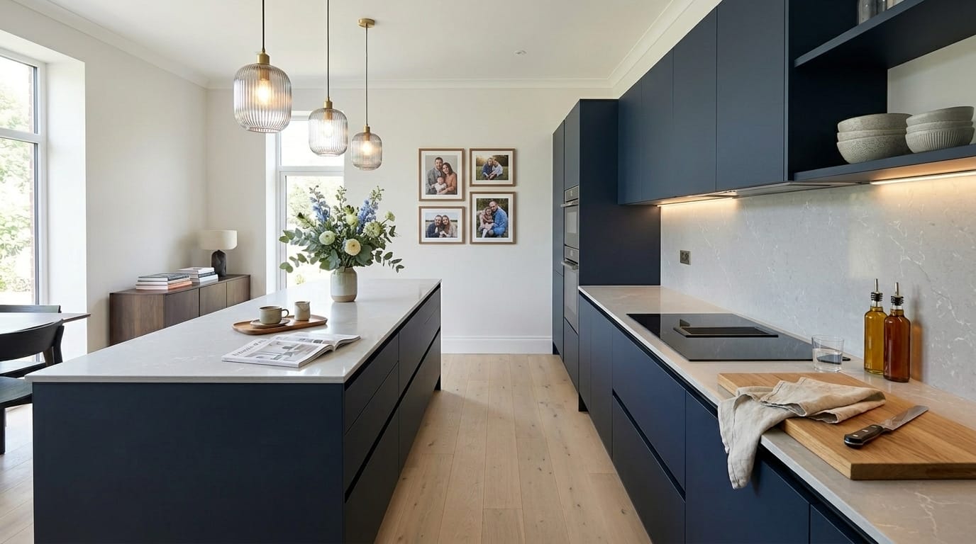 hero_1200x675-476 Wide view of a bespoke Mastercraft kitchen, contemporary painted lay-on cabinetry in indigo tones