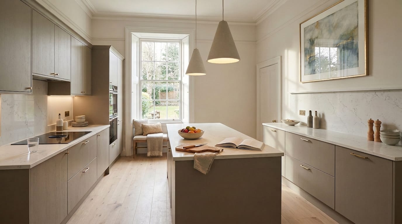 hero_1200x675-477 light wood kitchen with marble worktops and large sash window