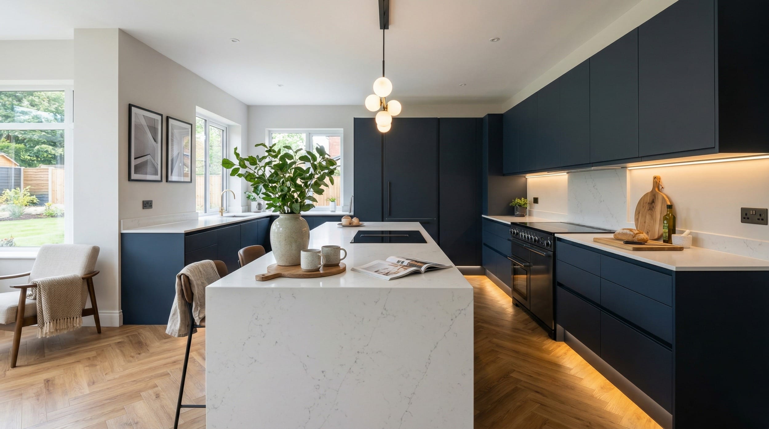 hero_1200x675-478 Modern Mastercraft kitchen with navy units, white marble island and herringbone wood floor