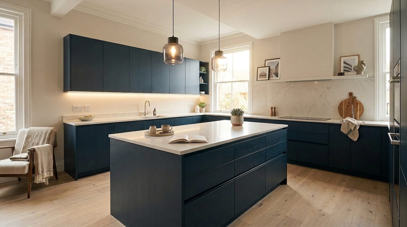 hero_1200x675-479 matte navy units with white marble worktops and pendant glass lights