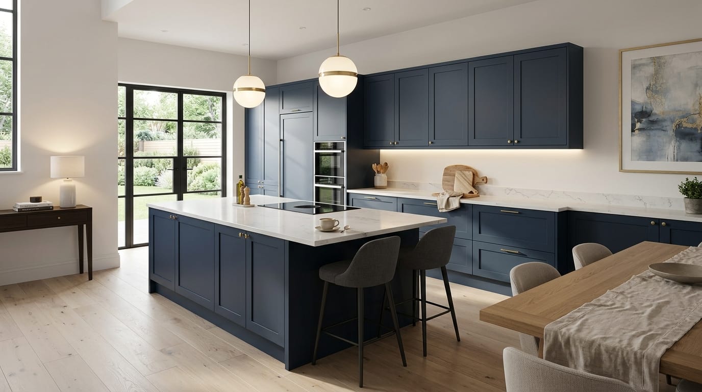hero_1200x675-48 Wide view of a newly completed bespoke Mastercraft kitchen, matt painted handleless slab cabinetry in viridian tones