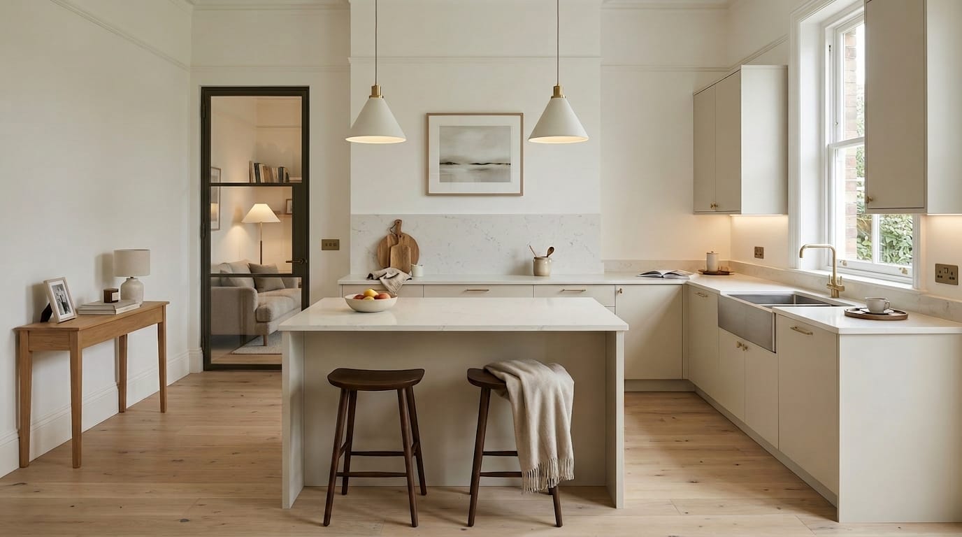 Wide view of a bespoke Mastercraft kitchen, matt painted handleless slab cabinetry in willow tones
