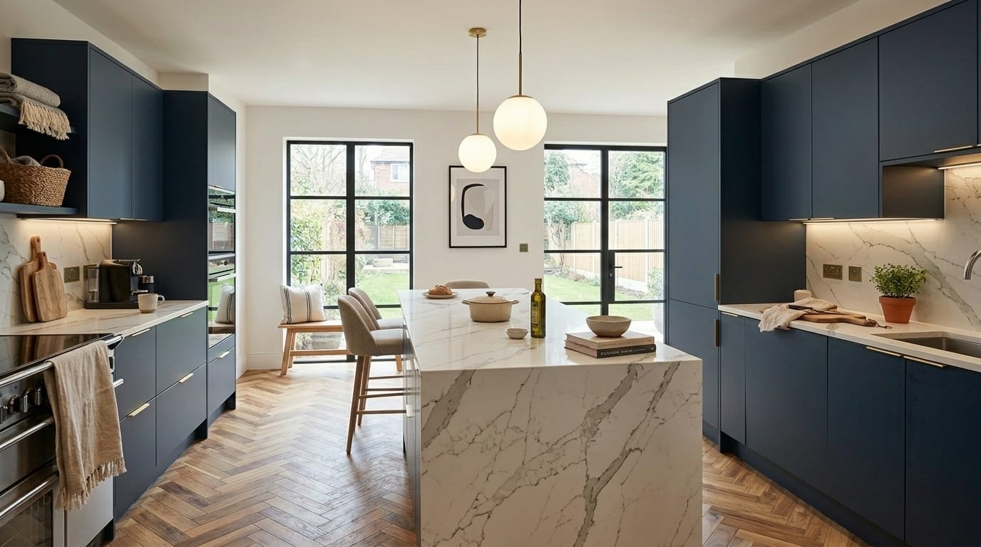 hero_1200x675-482 Wide view of a newly completed bespoke Mastercraft kitchen in a Formby home, matt painted handleless slab cabinetry in sage green tones