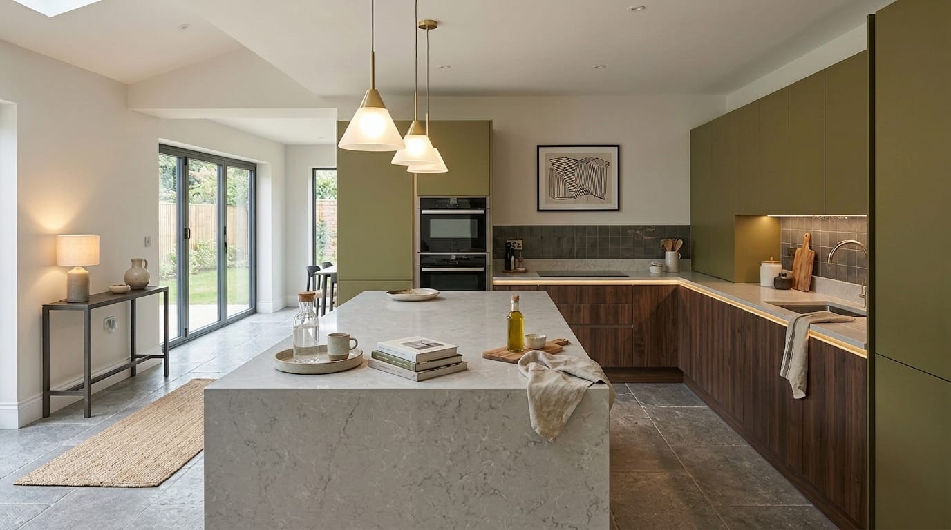 hero_1200x675-483 Wide view of a bespoke Mastercraft kitchen, contemporary in-frame cabinetry in light teal tones