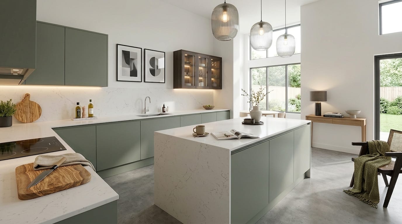 Wide view of a bespoke Mastercraft kitchen, timber veneer slab-door cabinetry in pantry blue tones