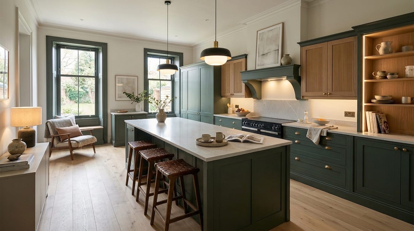 Green shaker kitchen with marble island, pendant lights and open shelving