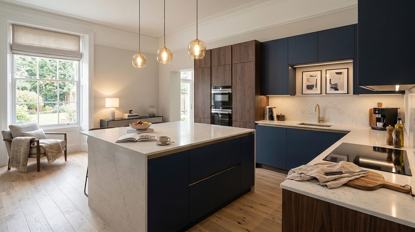 hero_1200x675-486 Modern kitchen with navy units, marble worktops, pendant lights and wood flooring