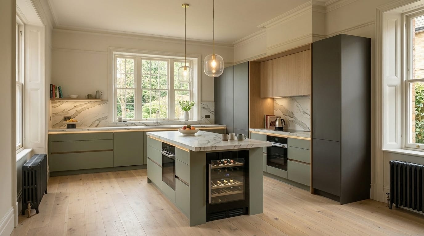 hero_1200x675-487 Wide view of a newly completed bespoke Mastercraft kitchen in a Kettering home, timber veneer slab-door cabinetry in brilliant white tones