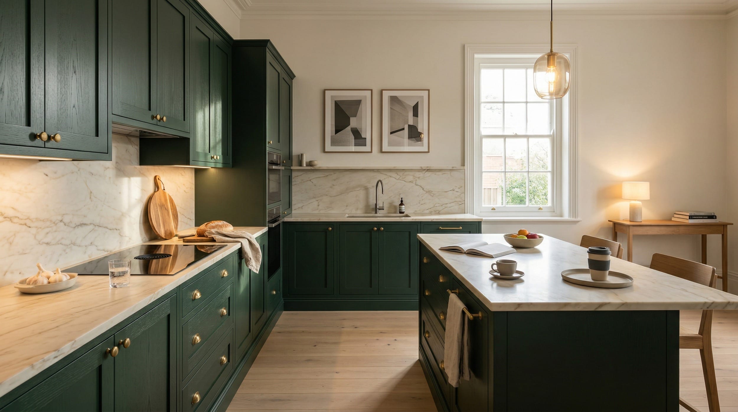 hero_1200x675-488 green shaker-style kitchen units with marble worktops and light wood flooring