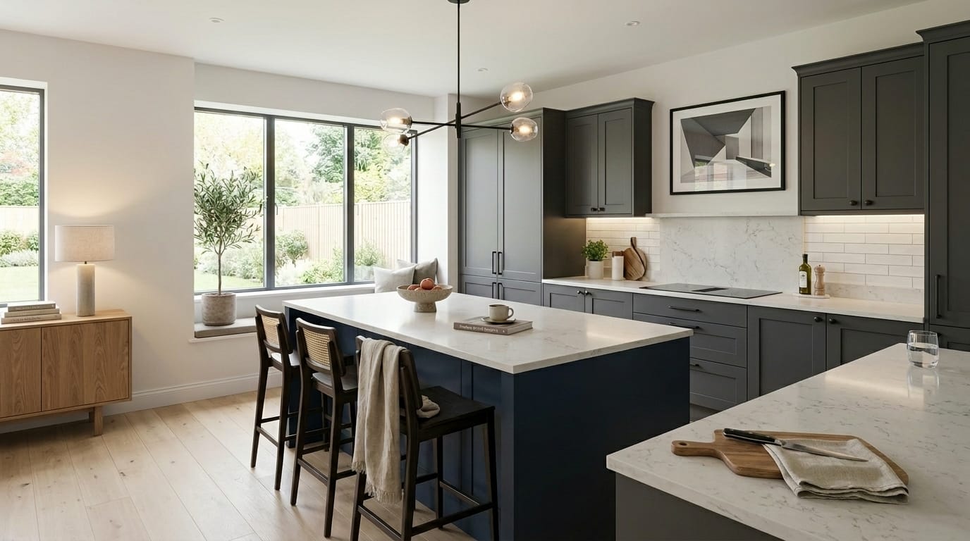 hero_1200x675-489 modern kitchen with dark grey units, marble worktops and large windows