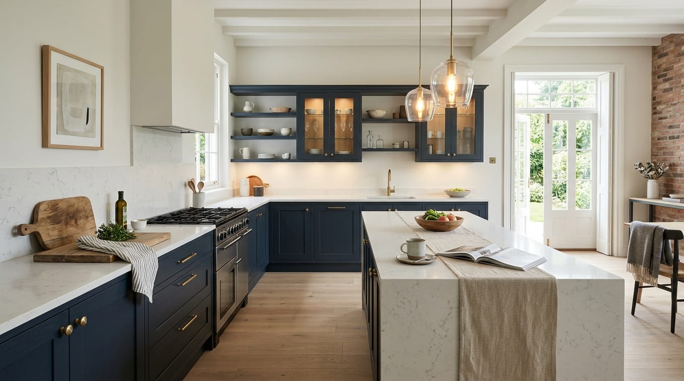 hero_1200x675-49 Wide view of a newly completed bespoke Mastercraft kitchen, contemporary painted lay-on cabinetry in shell tones