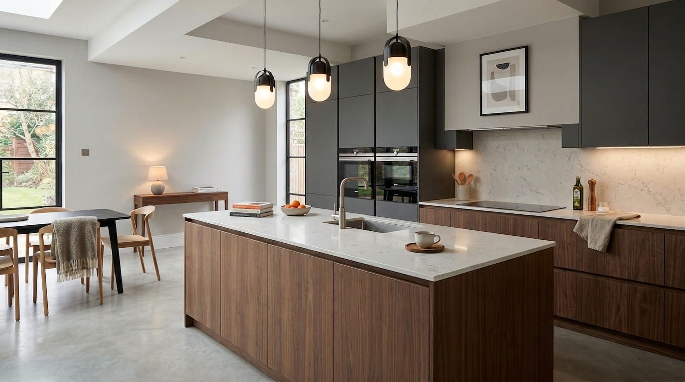modern kitchen with wood island, marble worktops, black cabinets and pendant lights