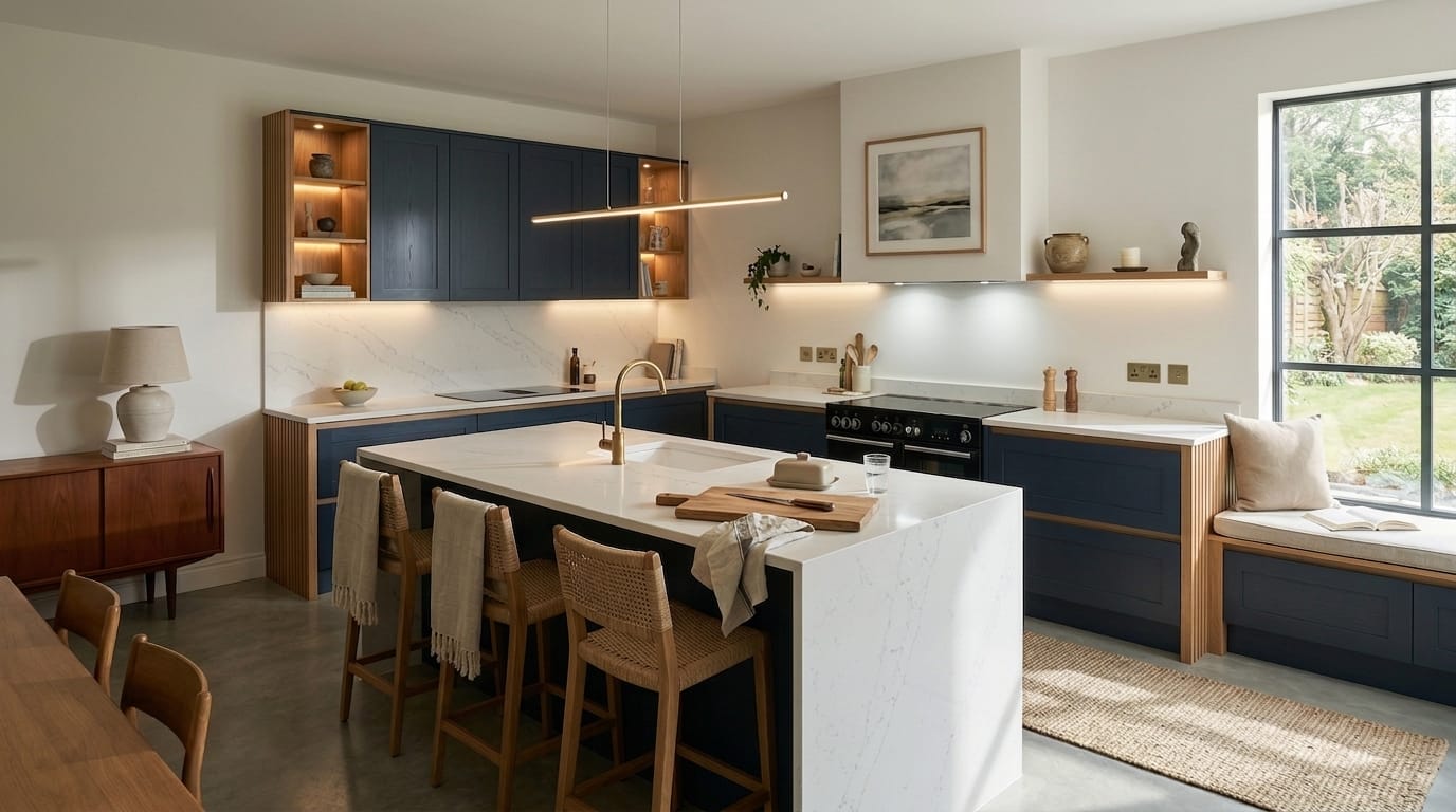 hero_1200x675-492 Modern Mastercraft kitchen with navy units, marble worktops, wood accents and island seating