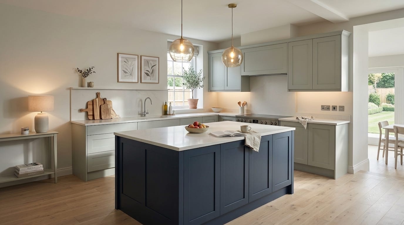 hero_1200x675-493 modern kitchen with blue island, pale green units, globe pendant lights