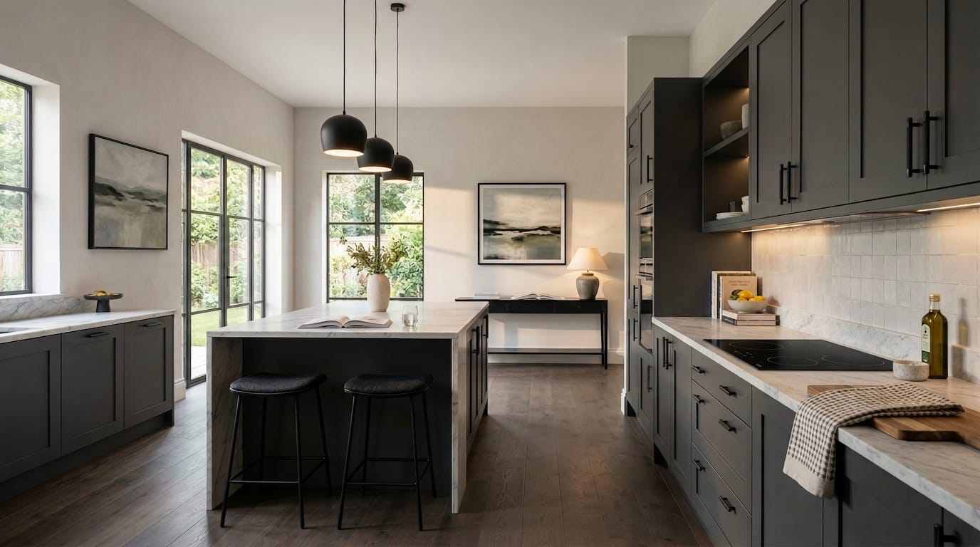 hero_1200x675-495 Wide view of a newly completed bespoke Mastercraft kitchen in a Maesteg home, matt painted handleless slab cabinetry in indigo tones