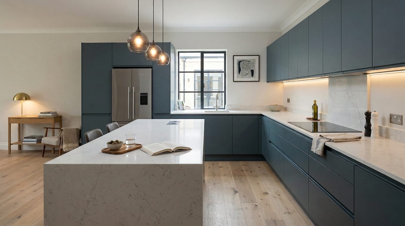 matte blue kitchen units with white marble worktops and pendant glass lights