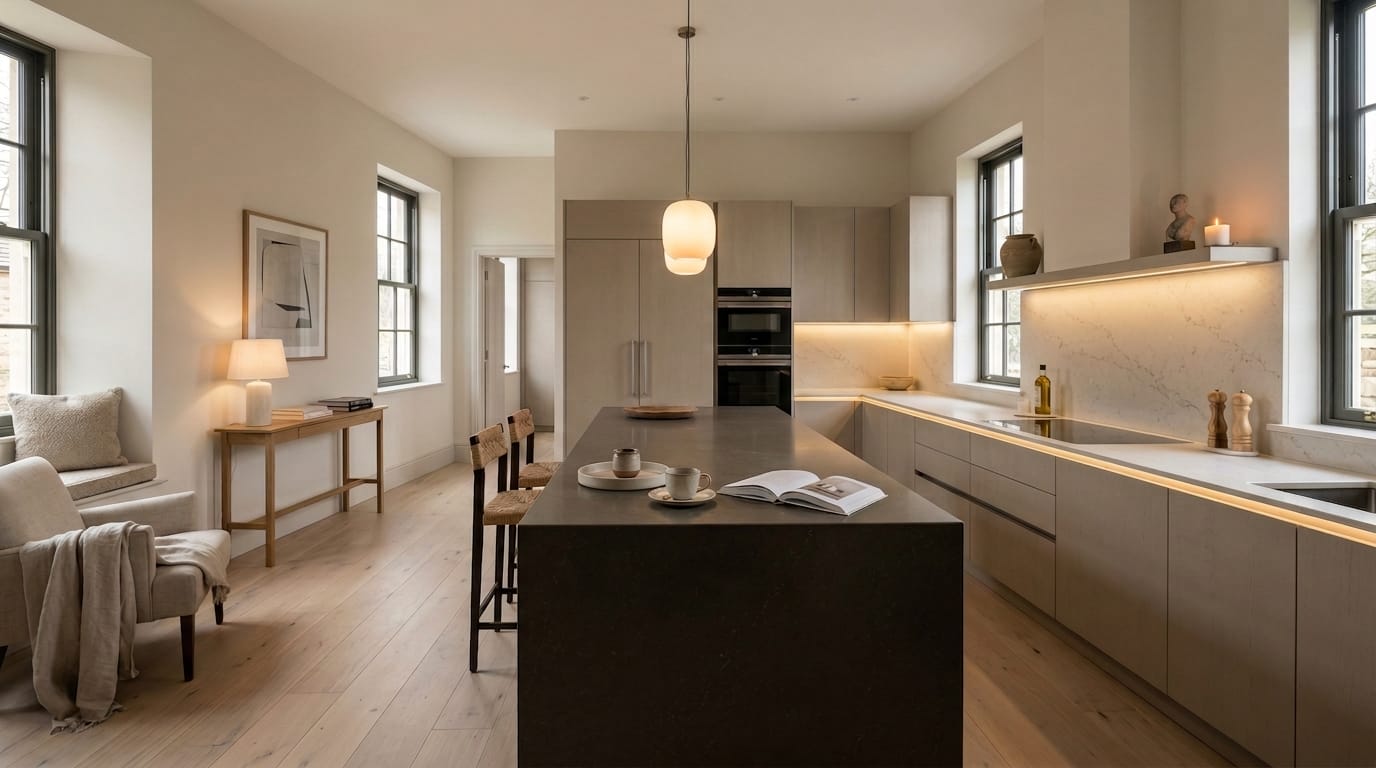 hero_1200x675-497 Modern Mastercraft kitchen with light wood flooring, marble worktops and large central island