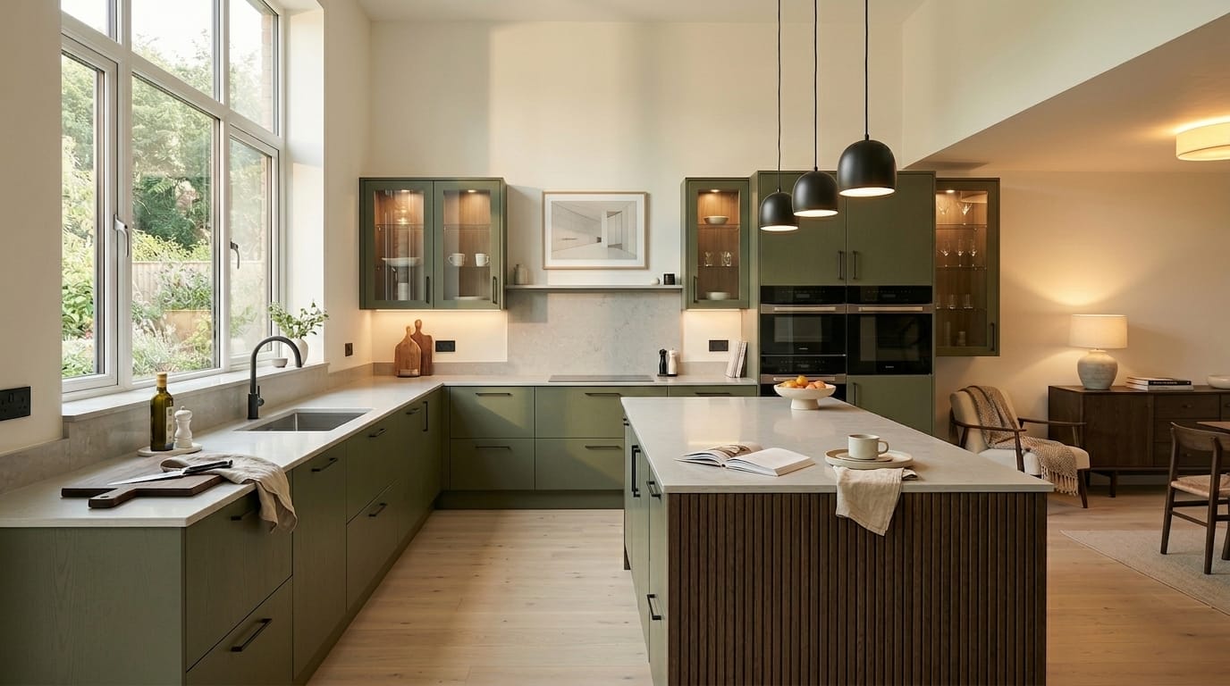 Wide view of a newly completed bespoke Mastercraft kitchen in a Neyland home, timber veneer slab-door cabinetry in ivory tones
