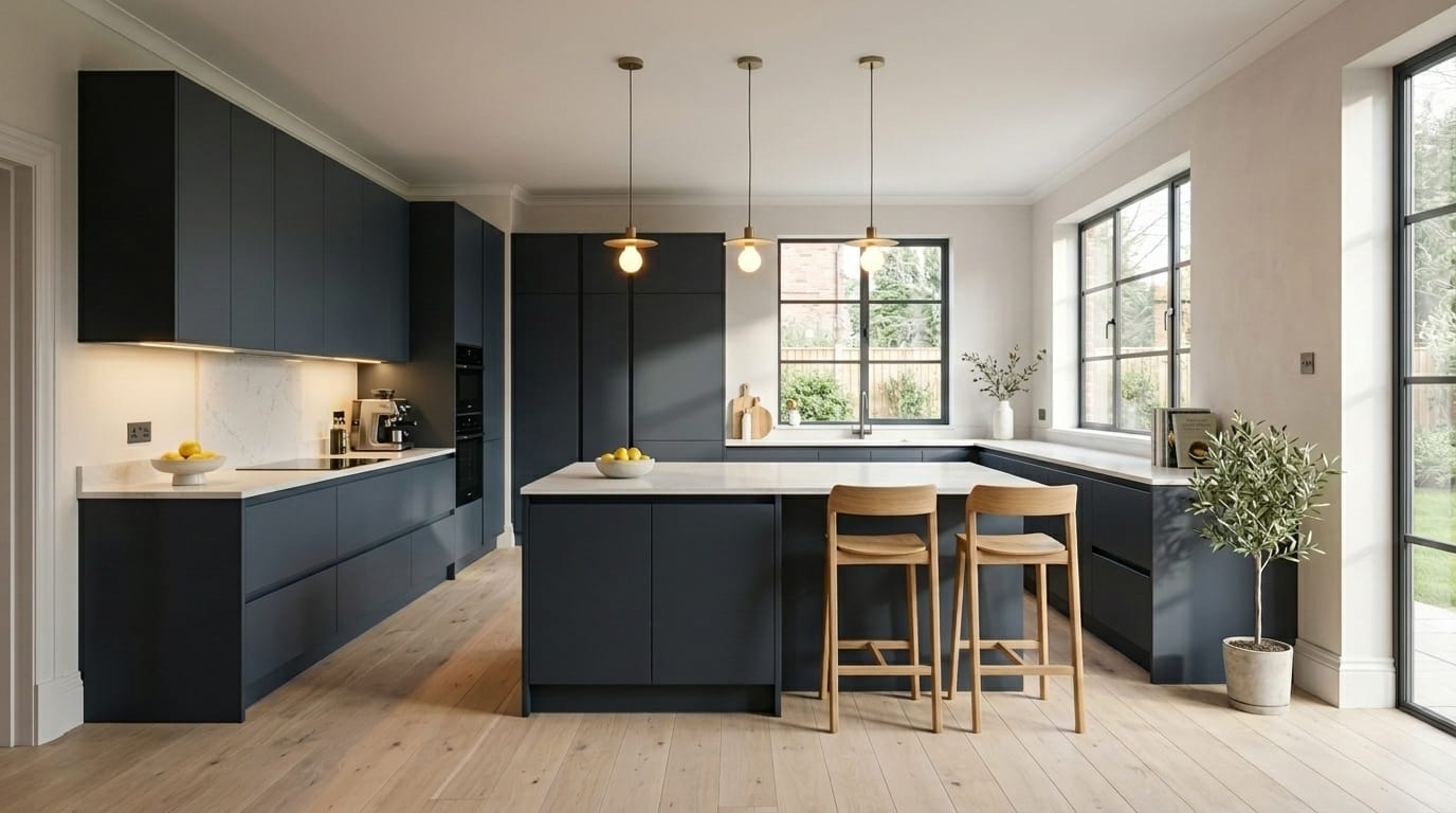 Wide view of a newly completed bespoke Mastercraft kitchen in a Nottingham home, matt painted handleless slab cabinetry in graphite tones