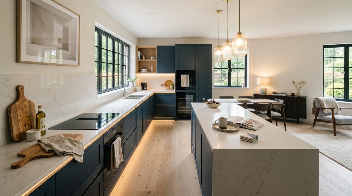 Wide view of a newly completed bespoke Mastercraft kitchen, matt painted handleless slab cabinetry in light grey tones