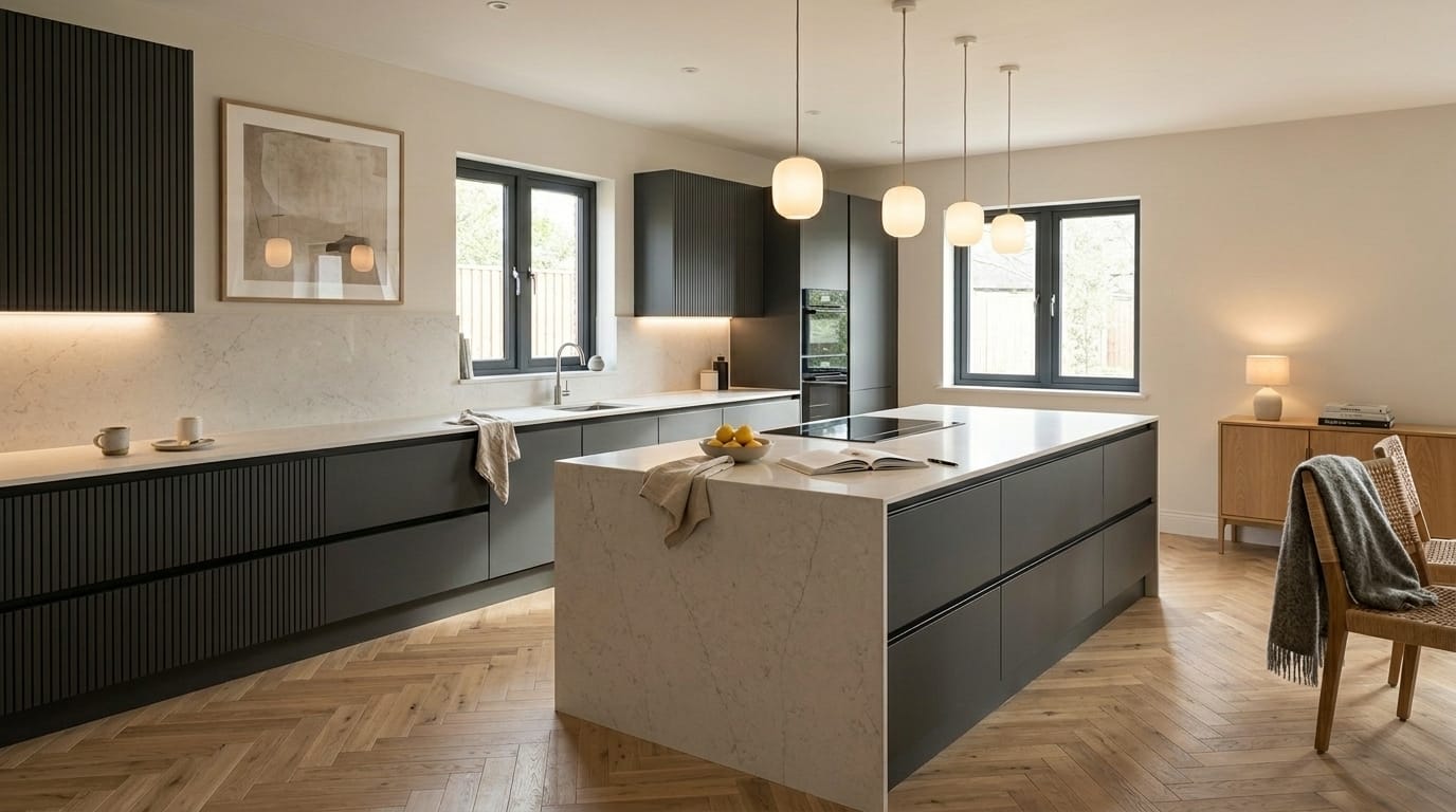 matte black units, marble worktops, herringbone wood floor, pendant lights over island