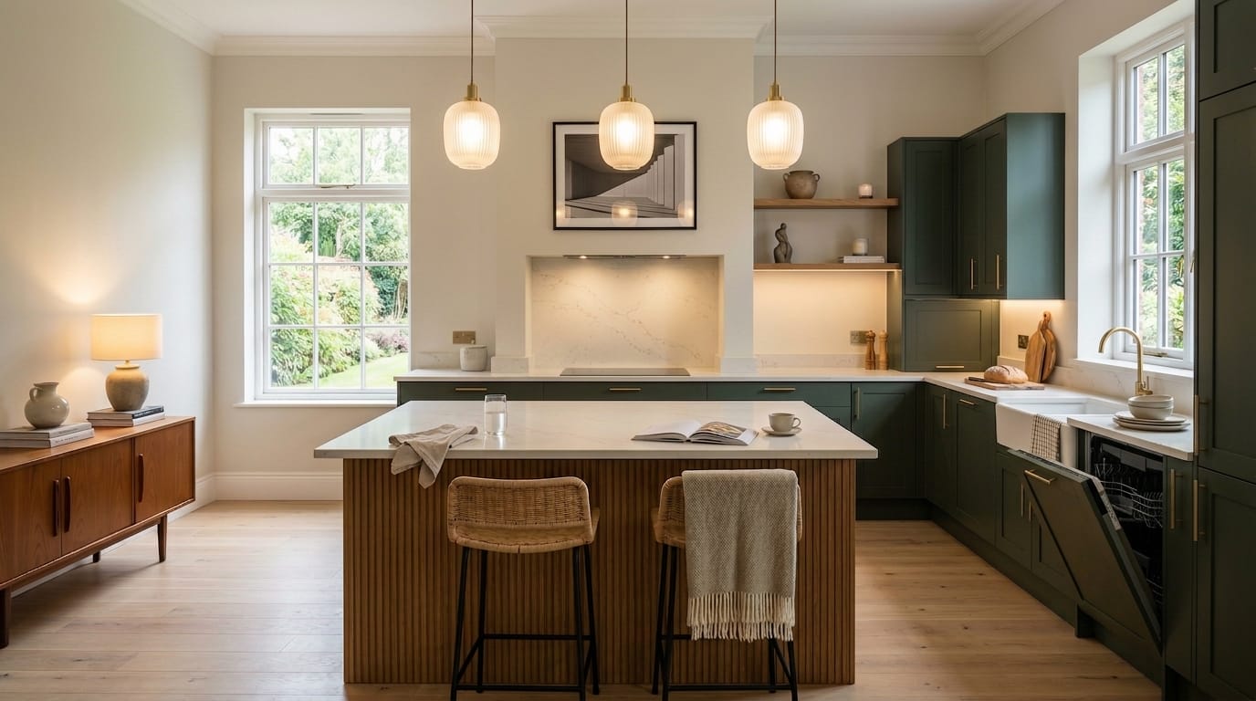 Modern kitchen with green cabinets, marble worktops, and three pendant lights