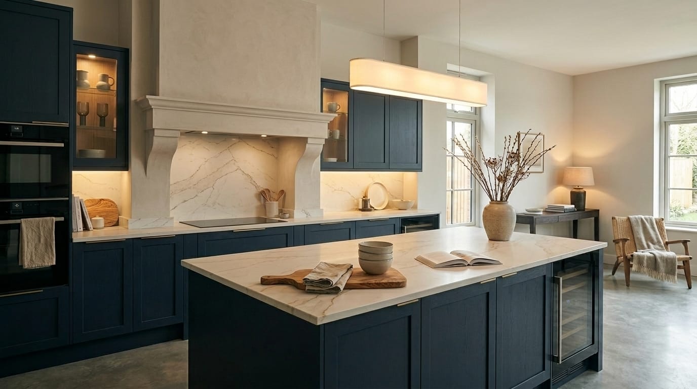 navy blue kitchen units with marble worktops and large island centrepiece