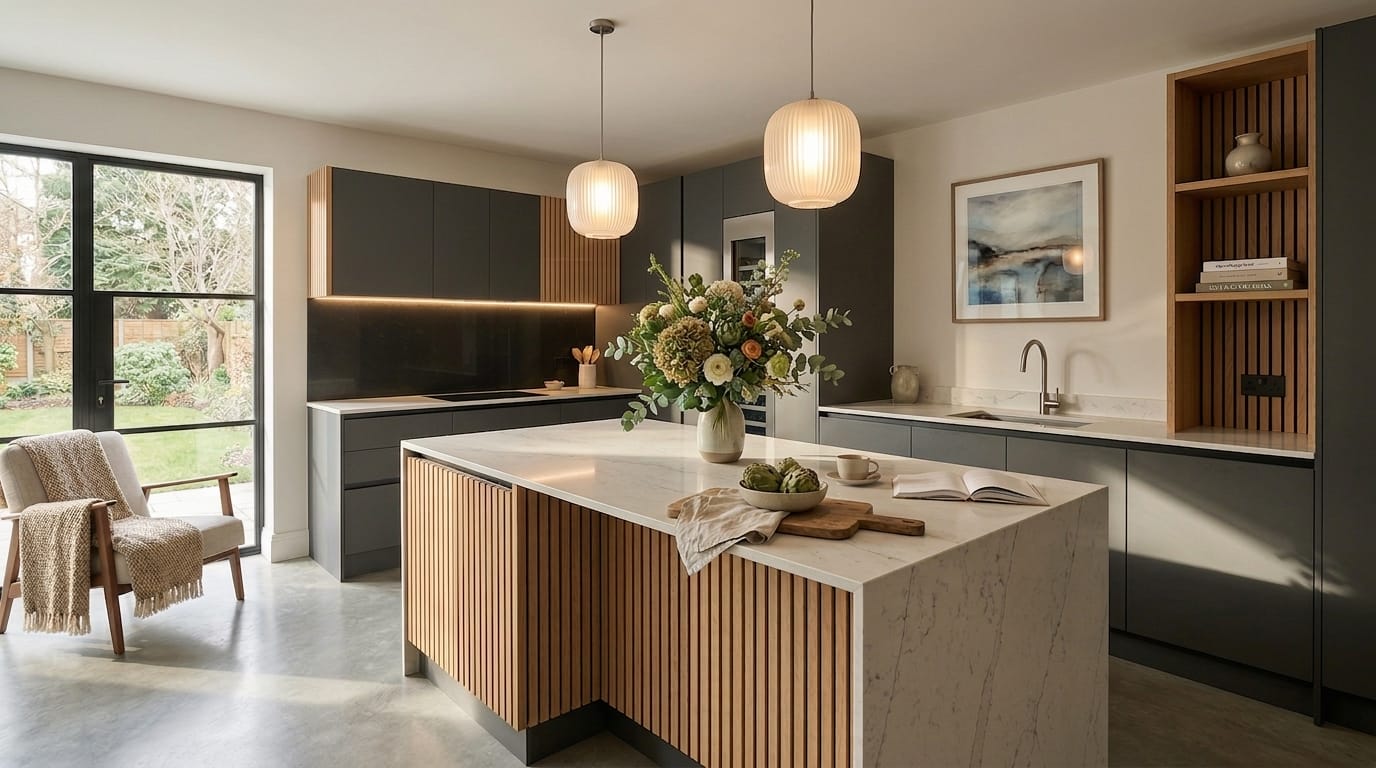 hero_1200x675-503 modern kitchen with marble island, wood slat accents and pendant lighting
